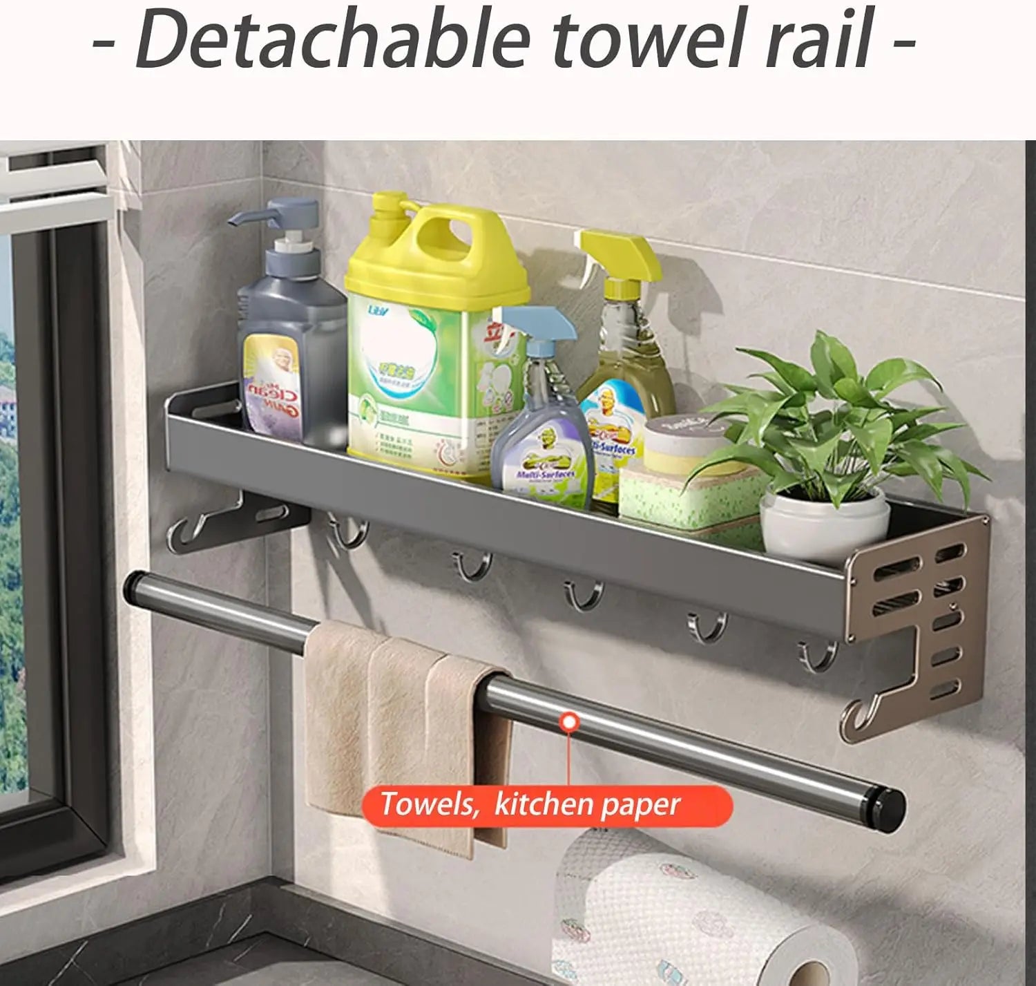 Wall Mount Kitchen Organizer | Utensil Holder & Spice Rack with Hooks