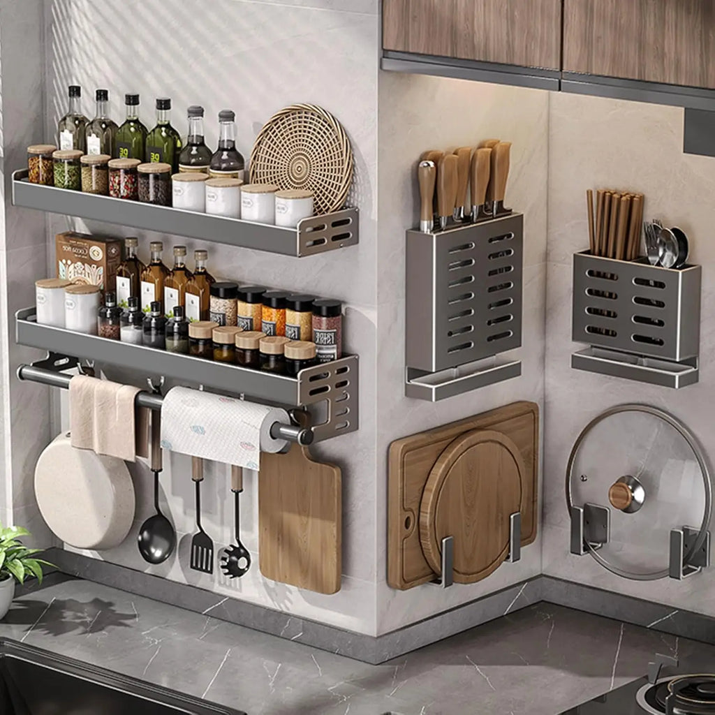 Wall Mount Kitchen Organizer | Utensil Holder & Spice Rack with Hooks