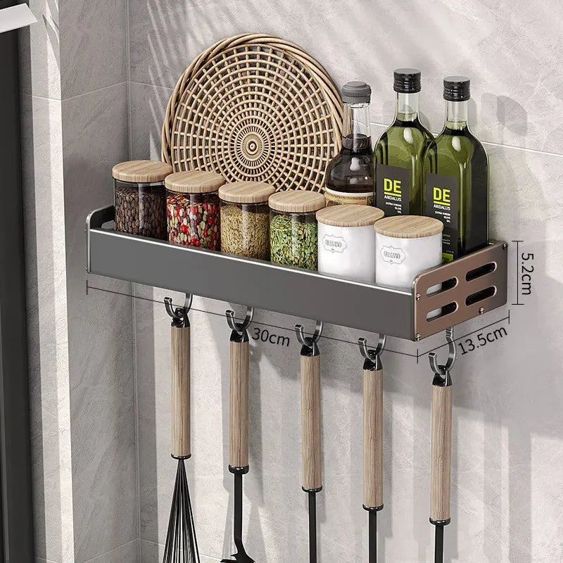 Wall Mount Kitchen Organizer | Utensil Holder & Spice Rack with Hooks