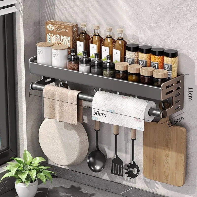 Wall Mount Kitchen Organizer | Utensil Holder & Spice Rack with Hooks