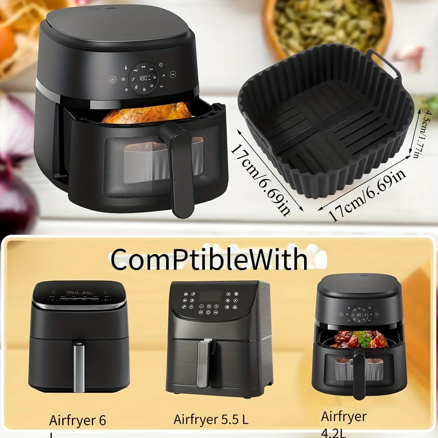 Air Fryer Silicone Liners Square Reusable Non Stick Basket Mat for 4-7QT Air Fryer Oven Microwave Baking Airfryer Accessories