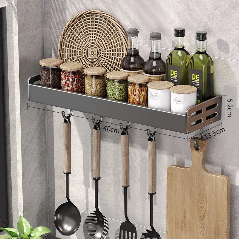 Wall Mount Kitchen Organizer | Utensil Holder & Spice Rack with Hooks