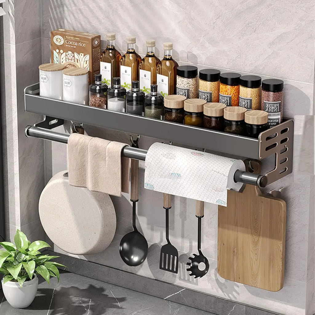 Wall Mount Kitchen Organizer | Utensil Holder & Spice Rack with Hooks