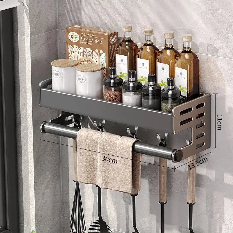 Wall Mount Kitchen Organizer | Utensil Holder & Spice Rack with Hooks